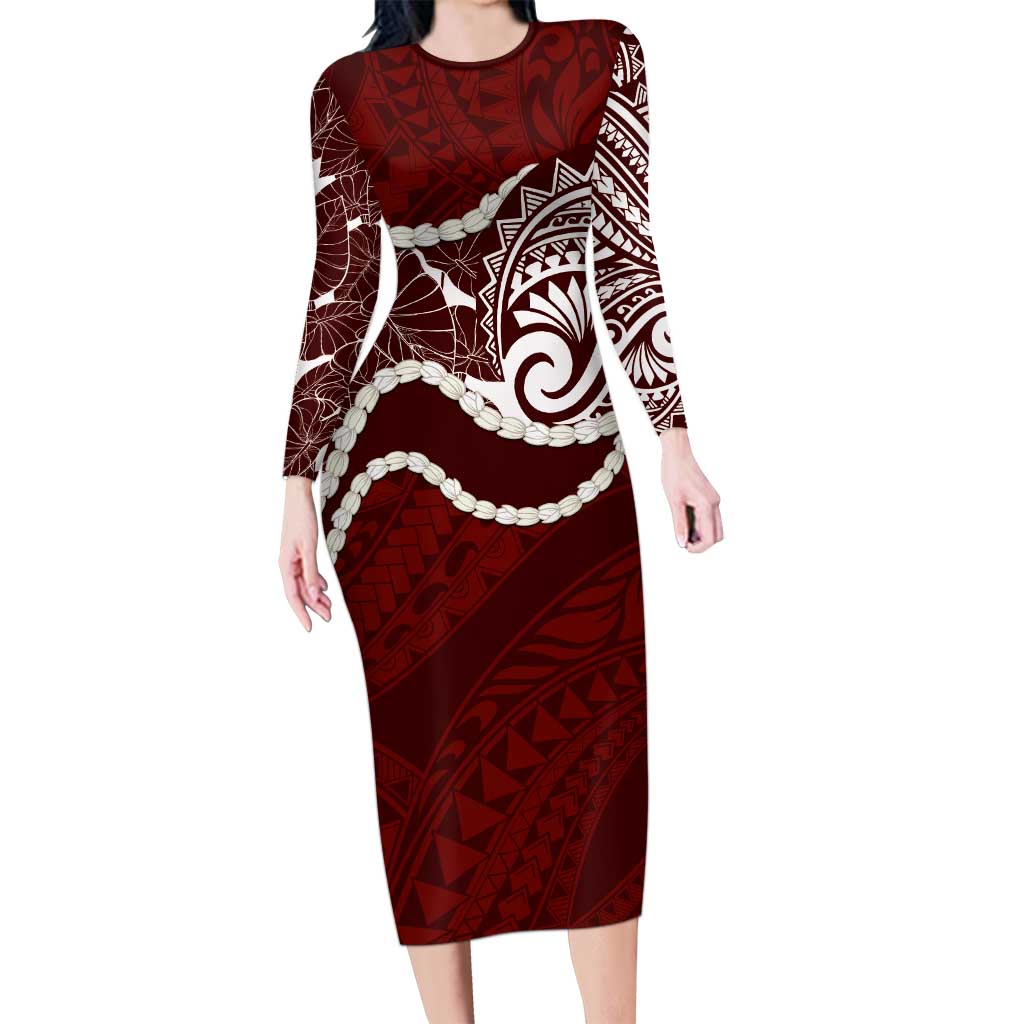 Aloha Hawaii Kalo Pikake Lei Long Sleeve Bodycon Dress Chest Tattoo Oxblood Hawaiian Pattern