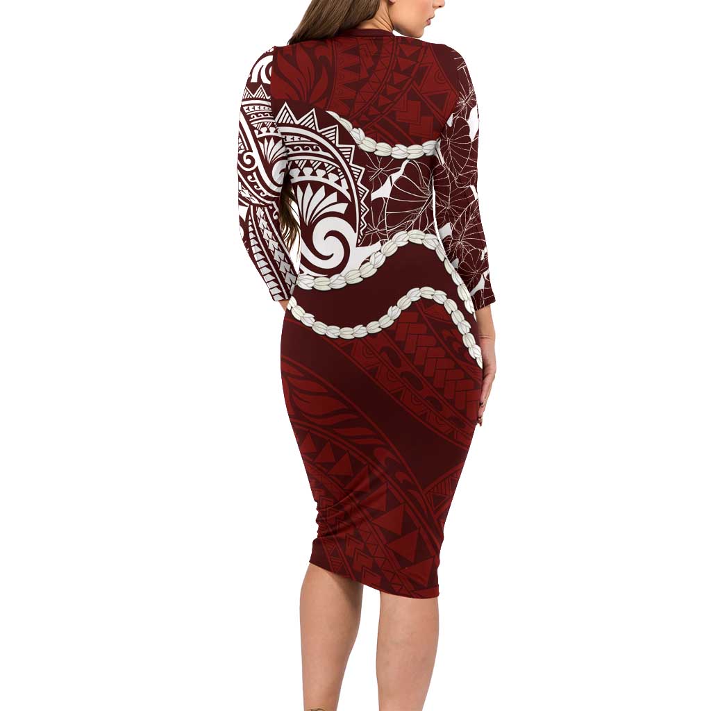 Aloha Hawaii Kalo Pikake Lei Long Sleeve Bodycon Dress Chest Tattoo Oxblood Hawaiian Pattern