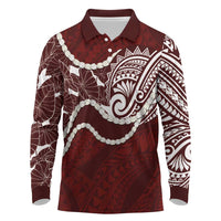 Aloha Hawaii Kalo Pikake Lei Long Sleeve Polo Shirt Chest Tattoo Oxblood Hawaiian Pattern