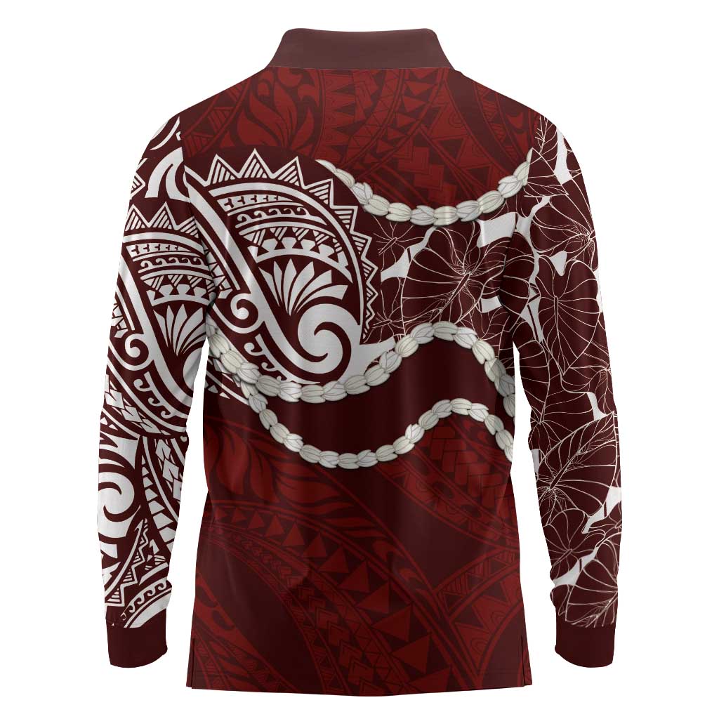 Aloha Hawaii Kalo Pikake Lei Long Sleeve Polo Shirt Chest Tattoo Oxblood Hawaiian Pattern