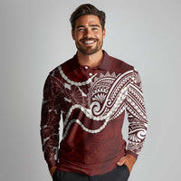 Aloha Hawaii Kalo Pikake Lei Long Sleeve Polo Shirt Chest Tattoo Oxblood Hawaiian Pattern