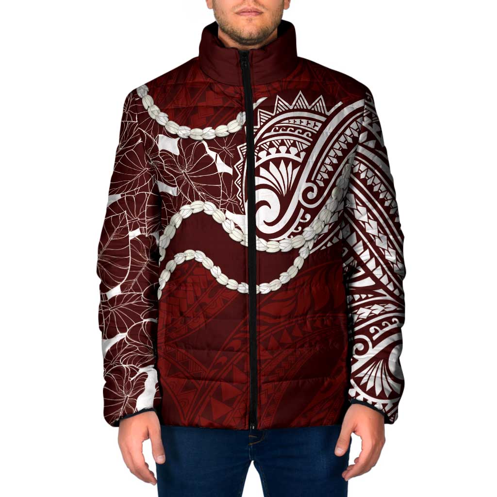 Aloha Hawaii Kalo Pikake Lei Padded Jacket Chest Tattoo Oxblood Hawaiian Pattern LT14 Men Oxblood - Polynesian Pride