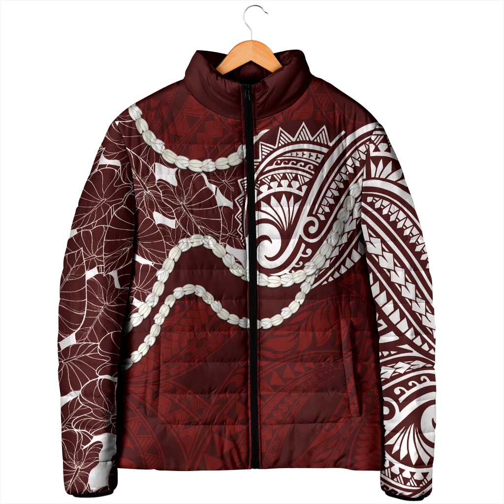 Aloha Hawaii Kalo Pikake Lei Padded Jacket Chest Tattoo Oxblood Hawaiian Pattern LT14 - Polynesian Pride