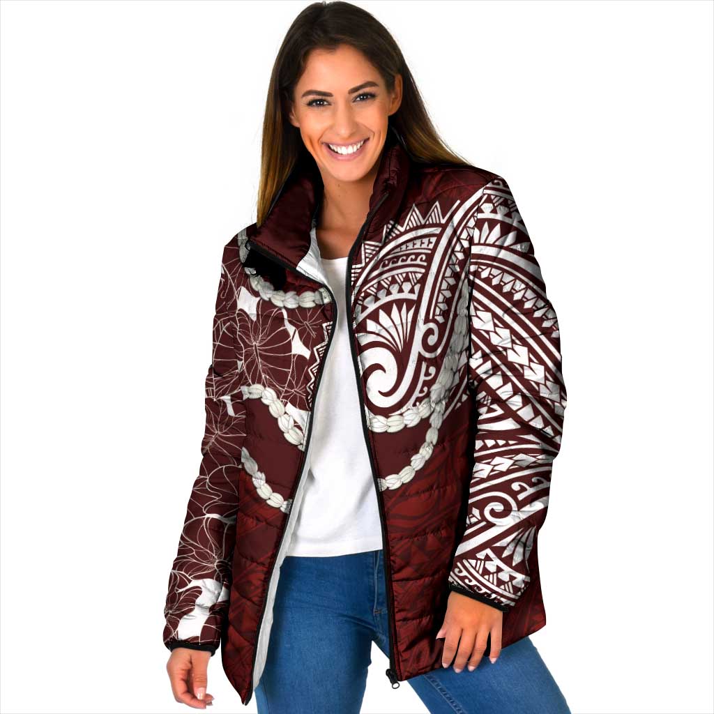 Aloha Hawaii Kalo Pikake Lei Padded Jacket Chest Tattoo Oxblood Hawaiian Pattern LT14 Women Oxblood - Polynesian Pride