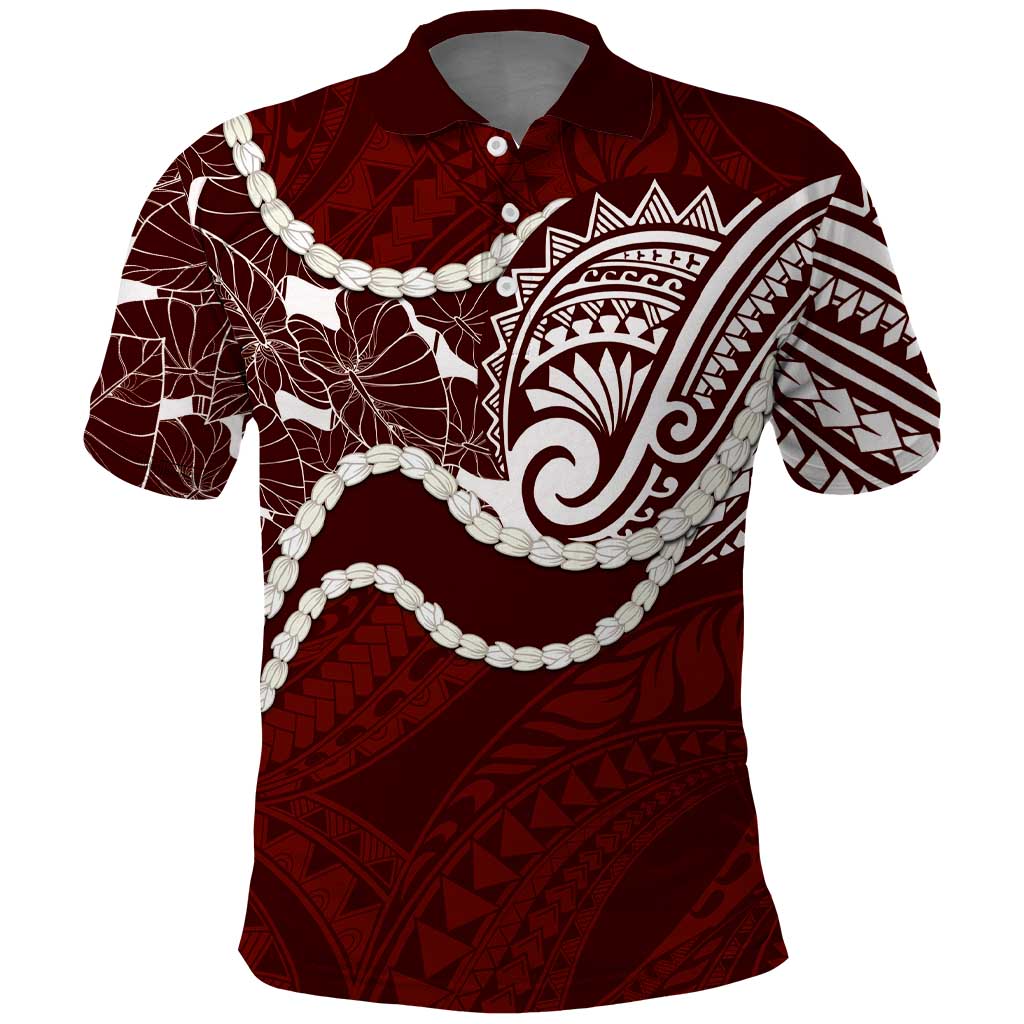 Aloha Hawaii Kalo Pikake Lei Polo Shirt Chest Tattoo Oxblood Hawaiian Pattern LT14 Oxblood - Polynesian Pride