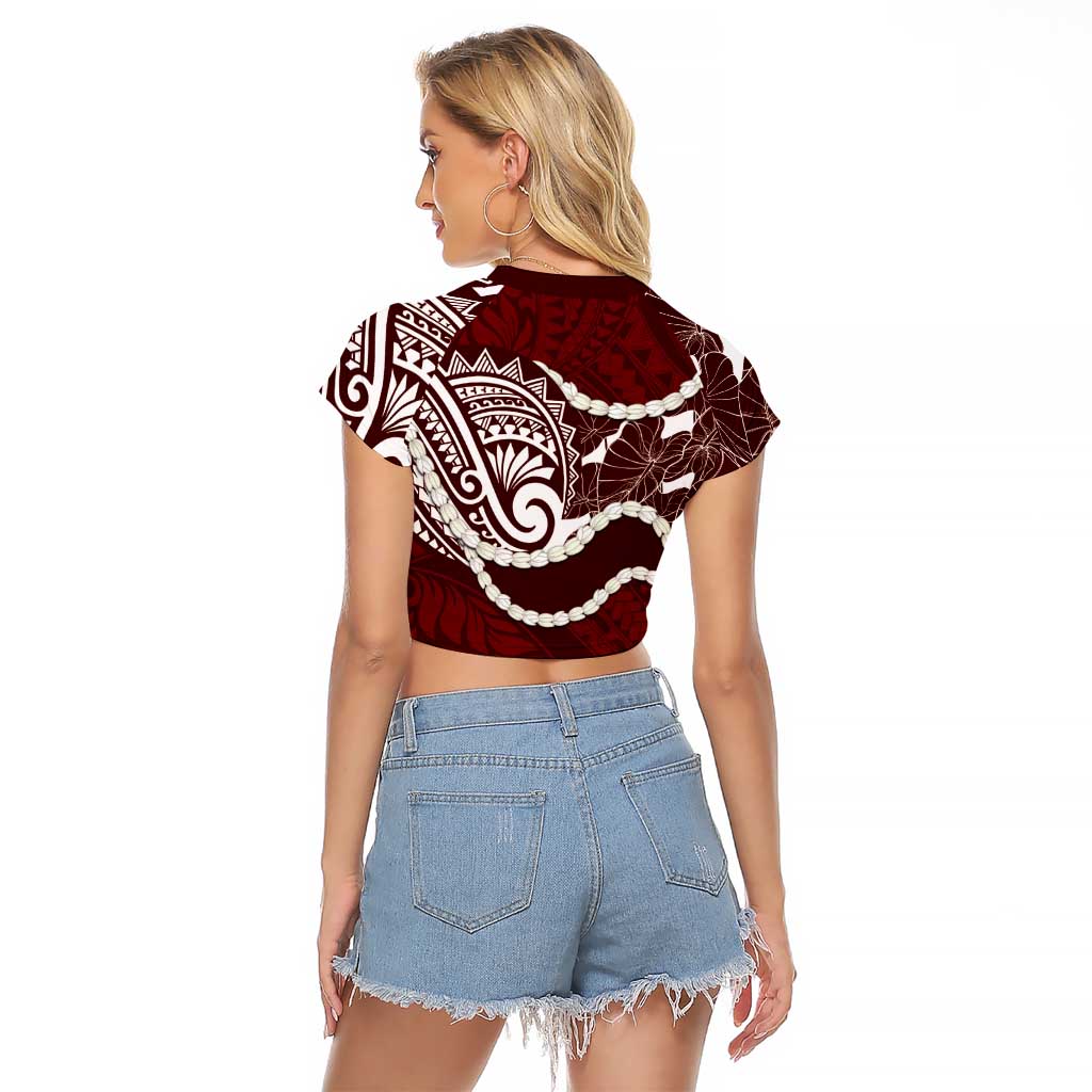 Aloha Hawaii Kalo Pikake Lei Raglan Cropped T Shirt Chest Tattoo Oxblood Hawaiian Pattern LT14 - Polynesian Pride