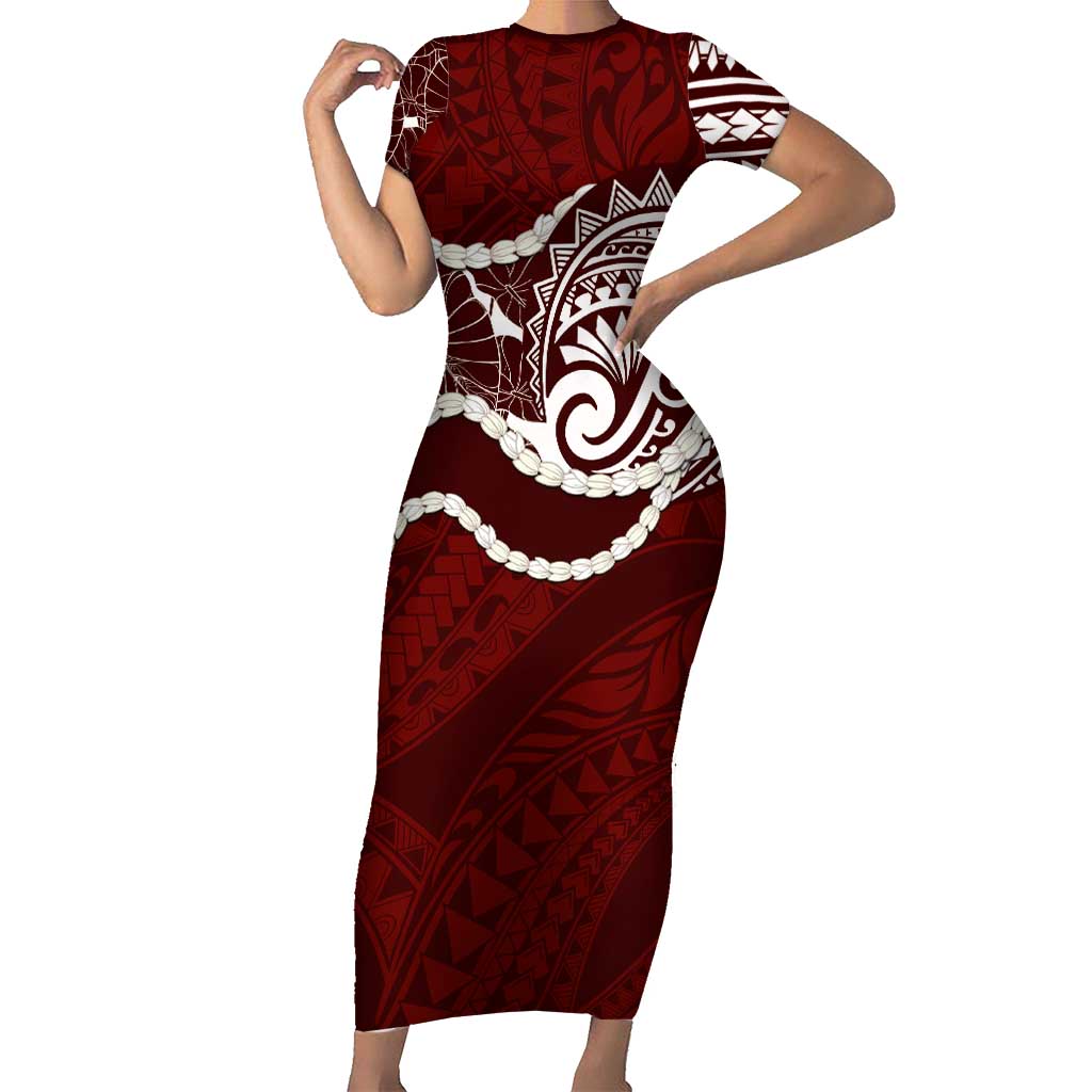 Aloha Hawaii Kalo Pikake Lei Short Sleeve Bodycon Dress Chest Tattoo Oxblood Hawaiian Pattern