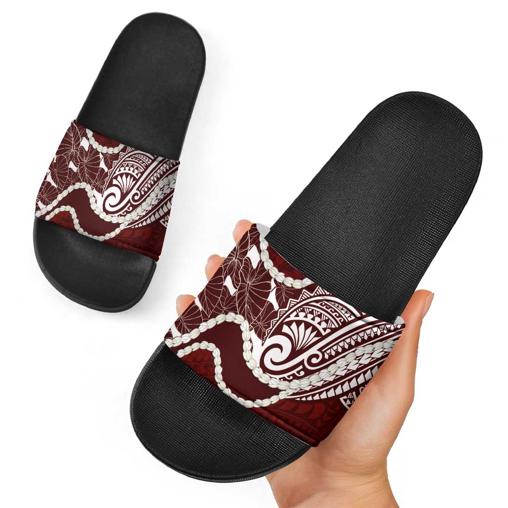 Aloha Hawaii Kalo Pikake Lei Slide Sandals Chest Tattoo Oxblood Hawaiian Pattern
