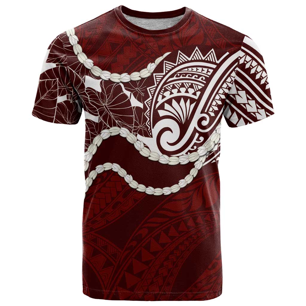 Aloha Hawaii Kalo Pikake Lei T Shirt Chest Tattoo Oxblood Hawaiian Pattern LT14 Oxblood - Polynesian Pride