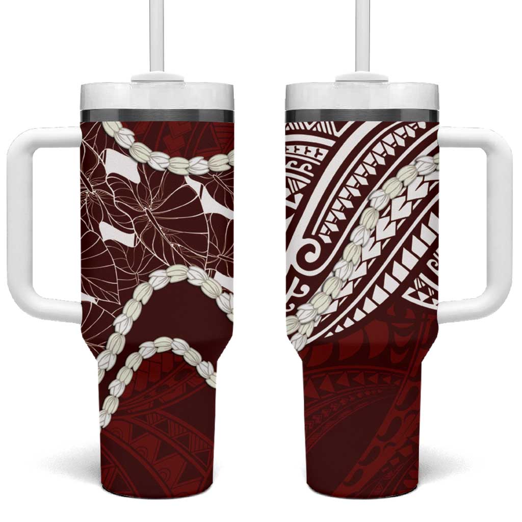 Aloha Hawaii Kalo Pikake Lei Tumbler With Handle Chest Tattoo Oxblood Hawaiian Pattern