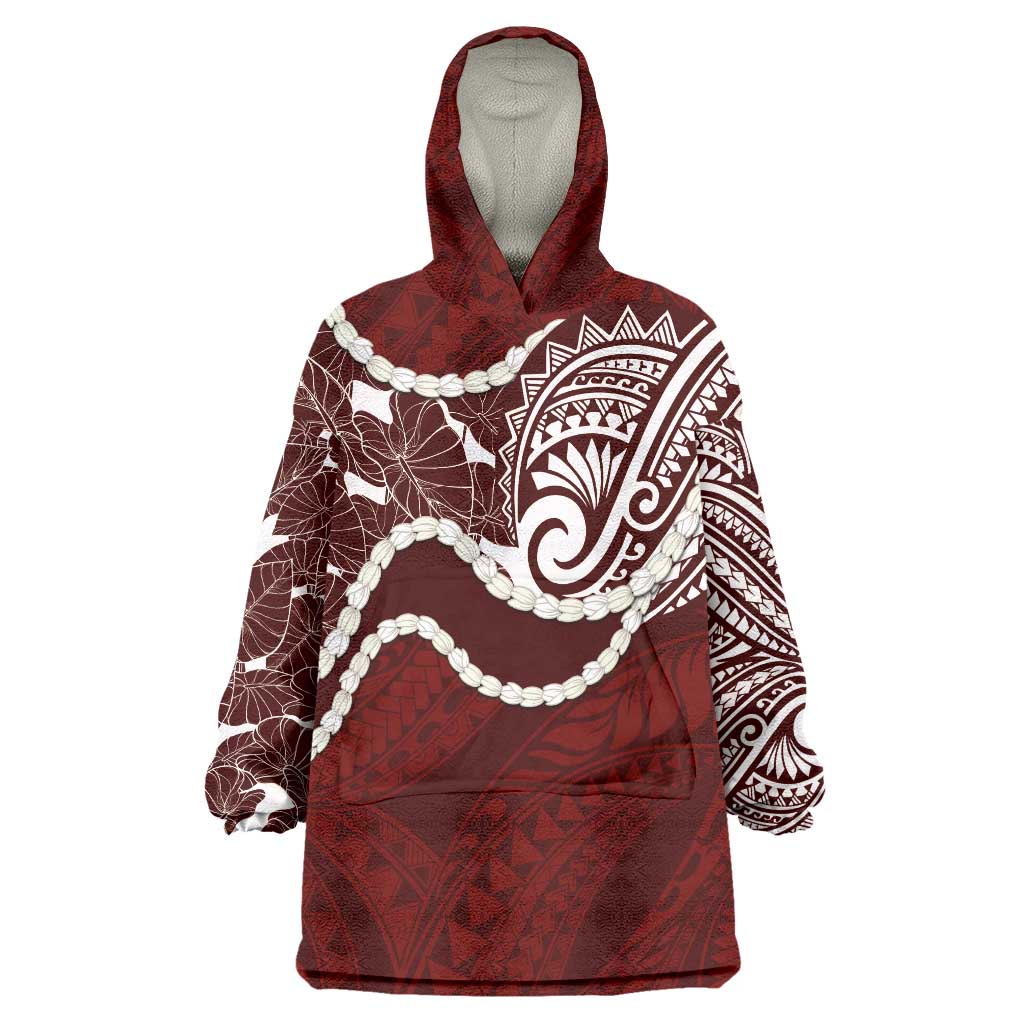 Aloha Hawaii Kalo Pikake Lei Wearable Blanket Hoodie Chest Tattoo Oxblood Hawaiian Pattern LT14 One Size Oxblood - Polynesian Pride