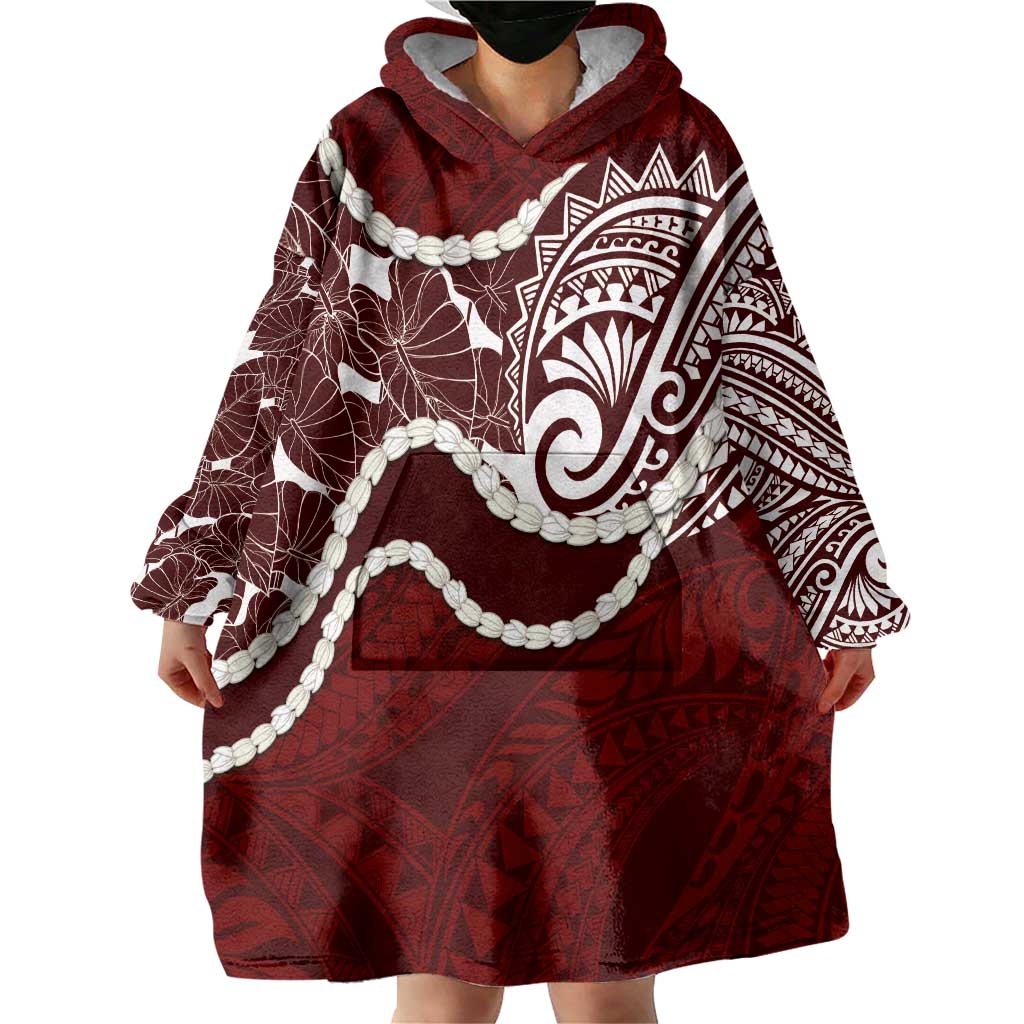Aloha Hawaii Kalo Pikake Lei Wearable Blanket Hoodie Chest Tattoo Oxblood Hawaiian Pattern LT14 - Polynesian Pride