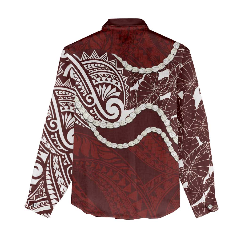 Aloha Hawaii Kalo Pikake Lei Women Casual Shirt Chest Tattoo Oxblood Hawaiian Pattern LT14 - Polynesian Pride