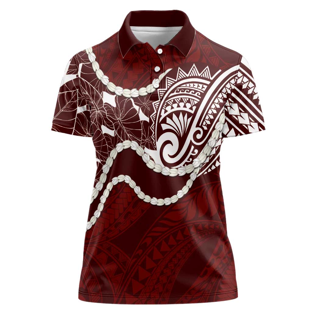 Aloha Hawaii Kalo Pikake Lei Women Polo Shirt Chest Tattoo Oxblood Hawaiian Pattern LT14 Female Oxblood - Polynesian Pride
