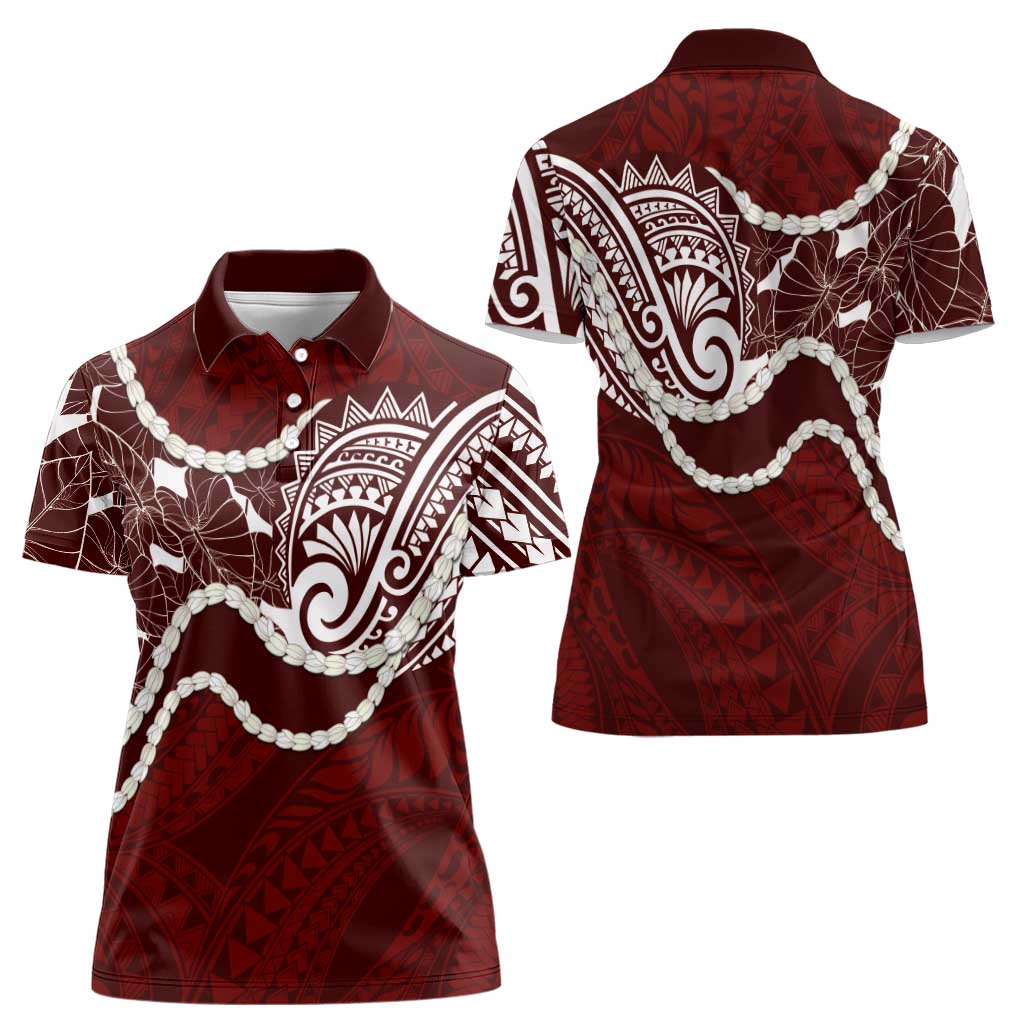 Aloha Hawaii Kalo Pikake Lei Women Polo Shirt Chest Tattoo Oxblood Hawaiian Pattern LT14 - Polynesian Pride