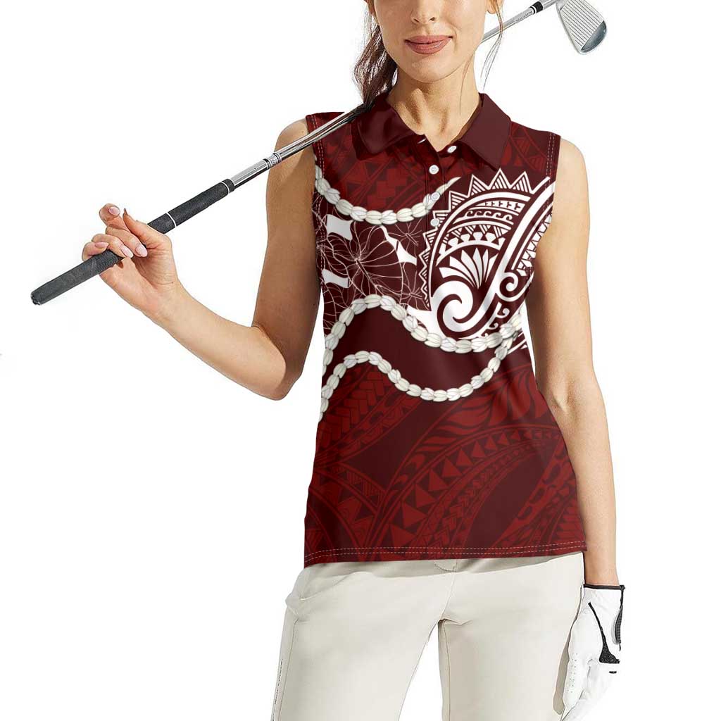 Aloha Hawaii Kalo Pikake Lei Women Sleeveless Polo Shirt Chest Tattoo Oxblood Hawaiian Pattern