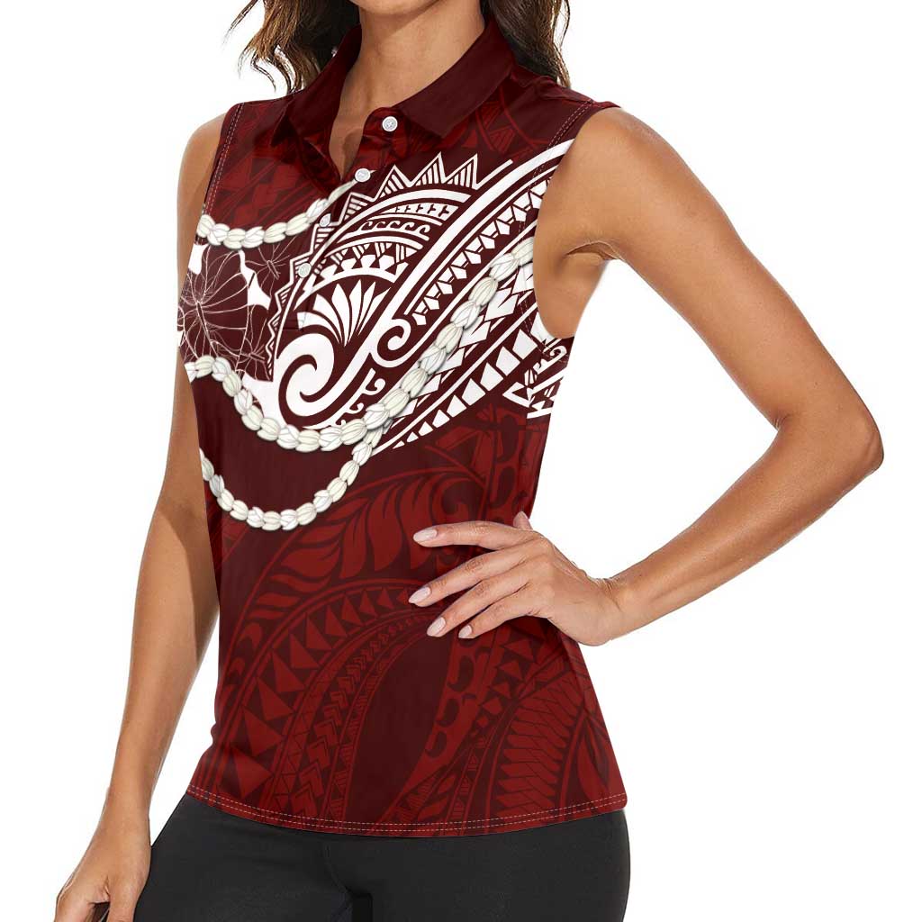 Aloha Hawaii Kalo Pikake Lei Women Sleeveless Polo Shirt Chest Tattoo Oxblood Hawaiian Pattern