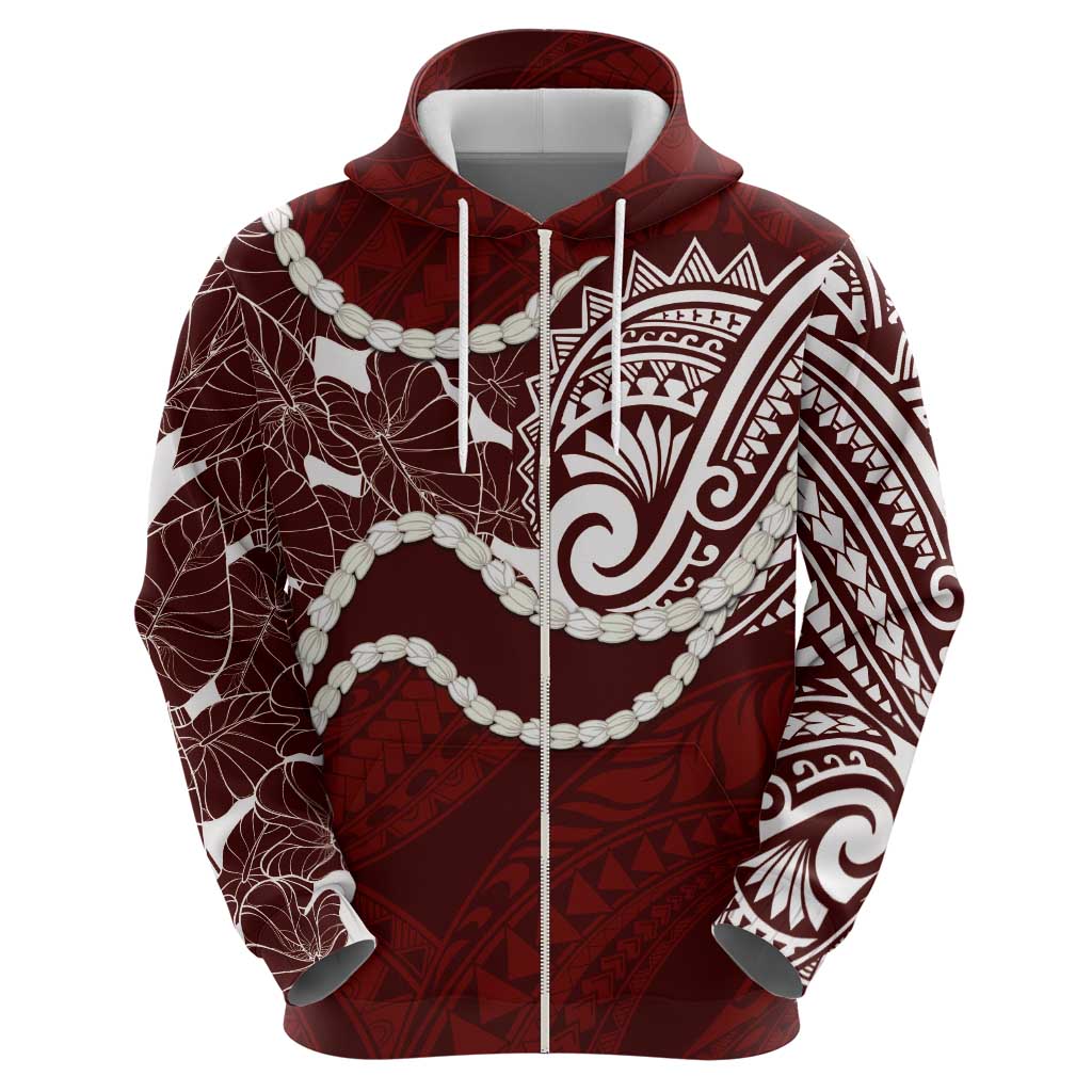 Aloha Hawaii Kalo Pikake Lei Zip Hoodie Chest Tattoo Oxblood Hawaiian Pattern LT14 - Polynesian Pride