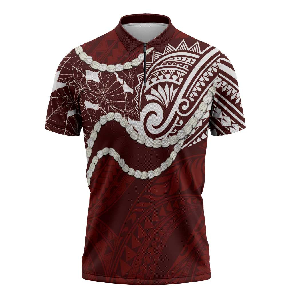 Aloha Hawaii Kalo Pikake Lei Zipper Polo Shirt Chest Tattoo Oxblood Hawaiian Pattern