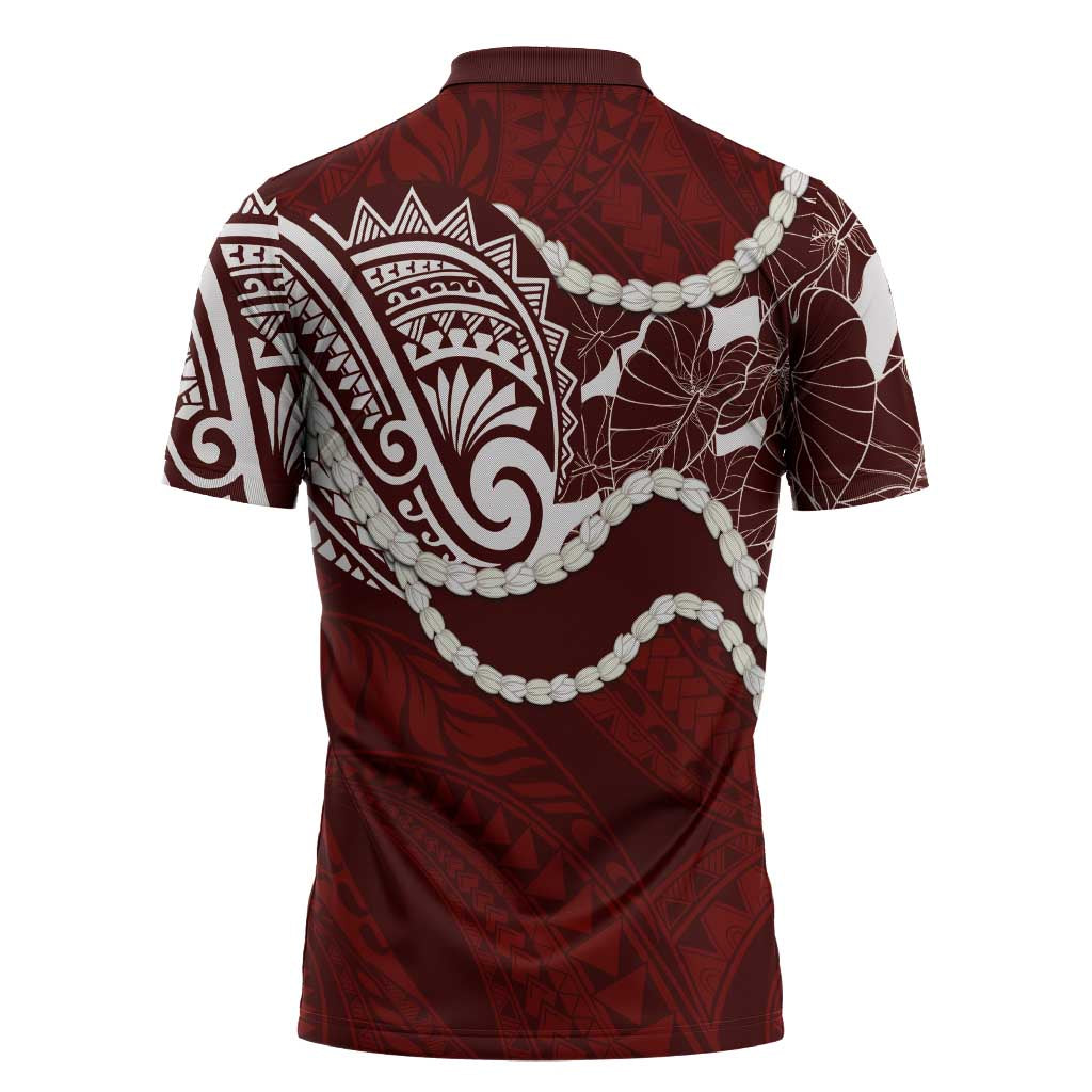 Aloha Hawaii Kalo Pikake Lei Zipper Polo Shirt Chest Tattoo Oxblood Hawaiian Pattern LT14 - Polynesian Pride