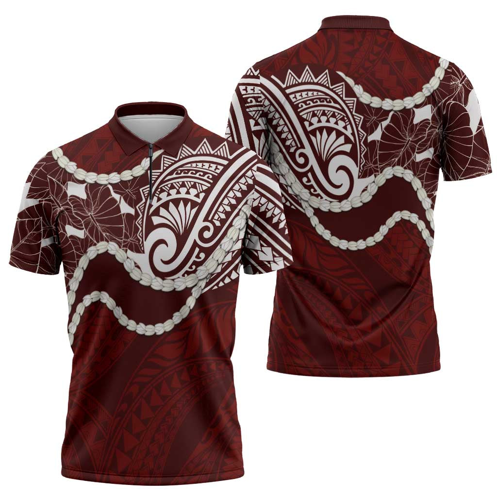 Aloha Hawaii Kalo Pikake Lei Zipper Polo Shirt Chest Tattoo Oxblood Hawaiian Pattern LT14 - Polynesian Pride