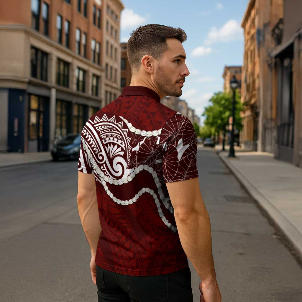 Aloha Hawaii Kalo Pikake Lei Zipper Polo Shirt Chest Tattoo Oxblood Hawaiian Pattern LT14 - Polynesian Pride