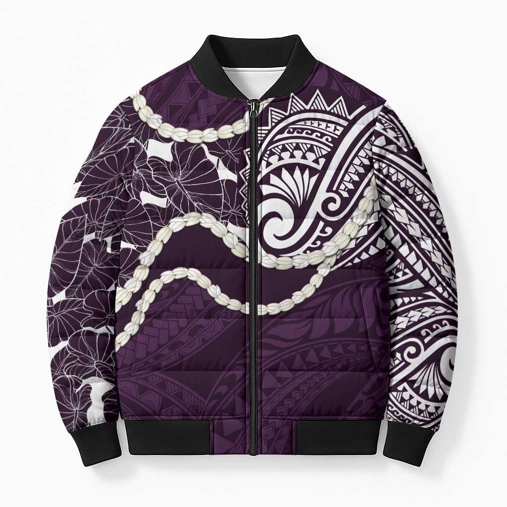 Aloha Hawaii Kalo Pikake Lei Bomber Puffer Jacket Chest Tattoo Purple Hawaiian Pattern