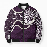 Aloha Hawaii Kalo Pikake Lei Bomber Puffer Jacket Chest Tattoo Purple Hawaiian Pattern