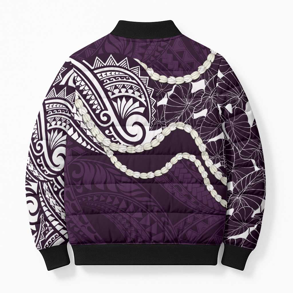 Aloha Hawaii Kalo Pikake Lei Bomber Puffer Jacket Chest Tattoo Purple Hawaiian Pattern