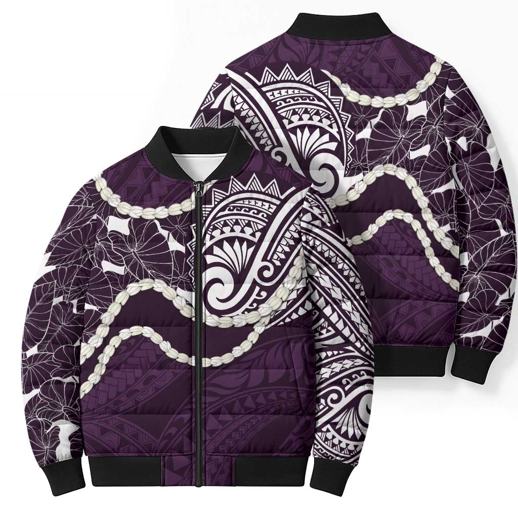Aloha Hawaii Kalo Pikake Lei Bomber Puffer Jacket Chest Tattoo Purple Hawaiian Pattern