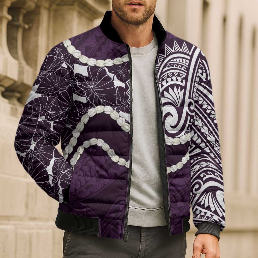 Aloha Hawaii Kalo Pikake Lei Bomber Puffer Jacket Chest Tattoo Purple Hawaiian Pattern