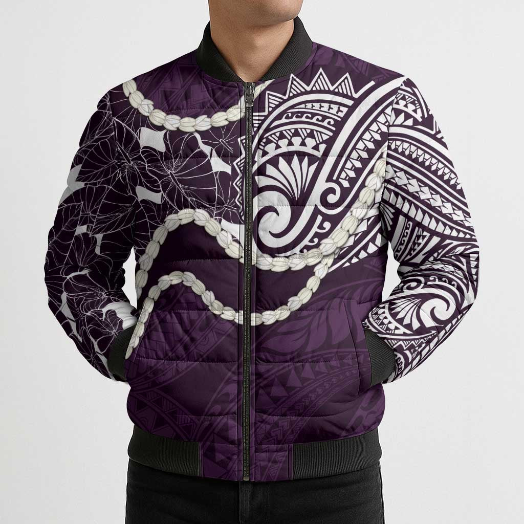Aloha Hawaii Kalo Pikake Lei Bomber Puffer Jacket Chest Tattoo Purple Hawaiian Pattern