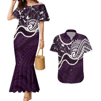 Aloha Hawaii Kalo Pikake Lei Couples Matching Mermaid Dress and Hawaiian Shirt Chest Tattoo Purple Hawaiian Pattern