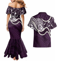 Aloha Hawaii Kalo Pikake Lei Couples Matching Mermaid Dress and Hawaiian Shirt Chest Tattoo Purple Hawaiian Pattern