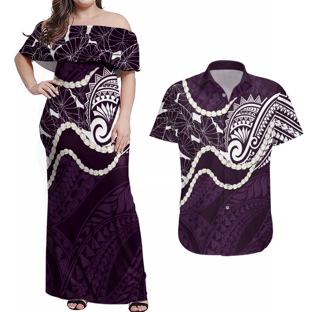 Aloha Hawaii Kalo Pikake Lei Couples Matching Off Shoulder Maxi Dress and Hawaiian Shirt Chest Tattoo Purple Hawaiian Pattern LT14 Purple - Polynesian Pride
