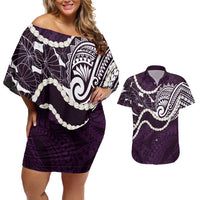 Aloha Hawaii Kalo Pikake Lei Couples Matching Off Shoulder Short Dress and Hawaiian Shirt Chest Tattoo Purple Hawaiian Pattern