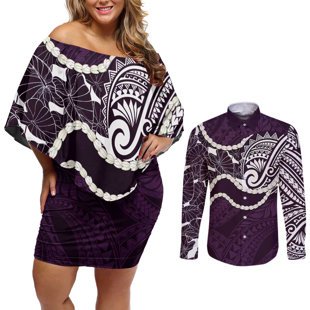 Aloha Hawaii Kalo Pikake Lei Couples Matching Off Shoulder Short Dress and Long Sleeve Button Shirt Chest Tattoo Purple Hawaiian Pattern
