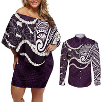 Aloha Hawaii Kalo Pikake Lei Couples Matching Off Shoulder Short Dress and Long Sleeve Button Shirt Chest Tattoo Purple Hawaiian Pattern