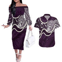 Aloha Hawaii Kalo Pikake Lei Couples Matching Off The Shoulder Long Sleeve Dress and Hawaiian Shirt Chest Tattoo Purple Hawaiian Pattern