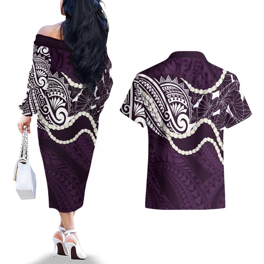 Aloha Hawaii Kalo Pikake Lei Couples Matching Off The Shoulder Long Sleeve Dress and Hawaiian Shirt Chest Tattoo Purple Hawaiian Pattern