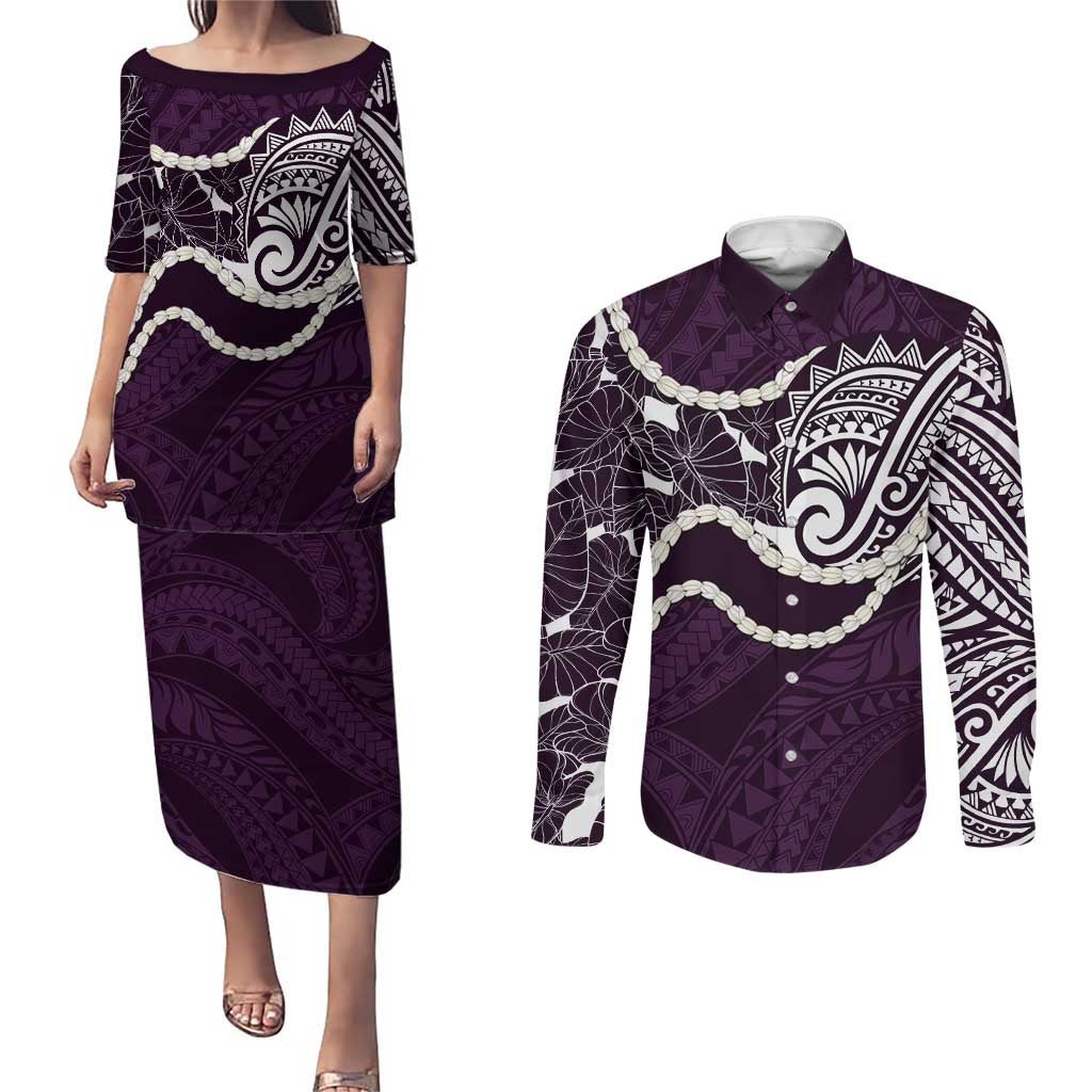 Aloha Hawaii Kalo Pikake Lei Couples Matching Puletasi and Long Sleeve Button Shirt Chest Tattoo Purple Hawaiian Pattern