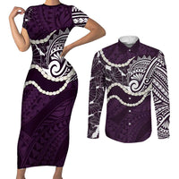 Aloha Hawaii Kalo Pikake Lei Couples Matching Short Sleeve Bodycon Dress and Long Sleeve Button Shirt Chest Tattoo Purple Hawaiian Pattern