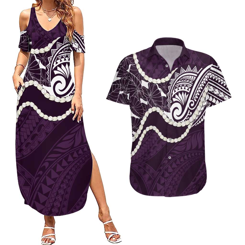 Aloha Hawaii Kalo Pikake Lei Couples Matching Summer Maxi Dress and Hawaiian Shirt Chest Tattoo Purple Hawaiian Pattern