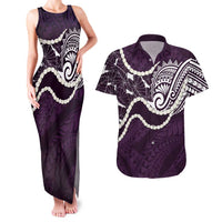 Aloha Hawaii Kalo Pikake Lei Couples Matching Tank Maxi Dress and Hawaiian Shirt Chest Tattoo Purple Hawaiian Pattern