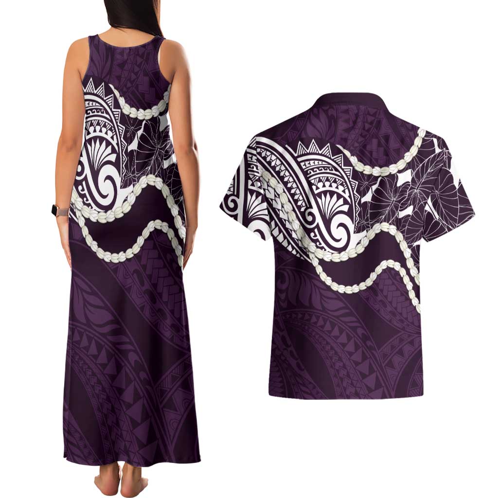 Aloha Hawaii Kalo Pikake Lei Couples Matching Tank Maxi Dress and Hawaiian Shirt Chest Tattoo Purple Hawaiian Pattern