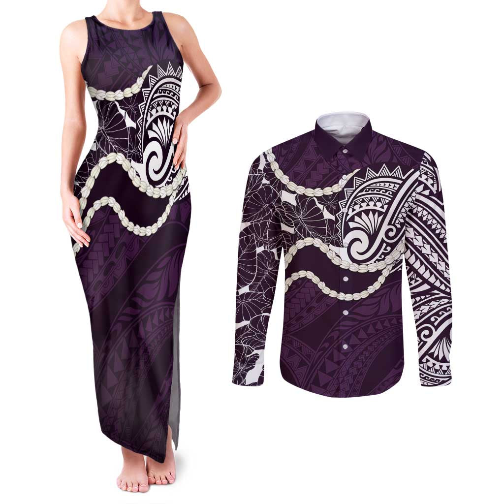 Aloha Hawaii Kalo Pikake Lei Couples Matching Tank Maxi Dress and Long Sleeve Button Shirt Chest Tattoo Purple Hawaiian Pattern LT14 Purple - Polynesian Pride