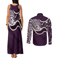 Aloha Hawaii Kalo Pikake Lei Couples Matching Tank Maxi Dress and Long Sleeve Button Shirt Chest Tattoo Purple Hawaiian Pattern LT14 - Polynesian Pride