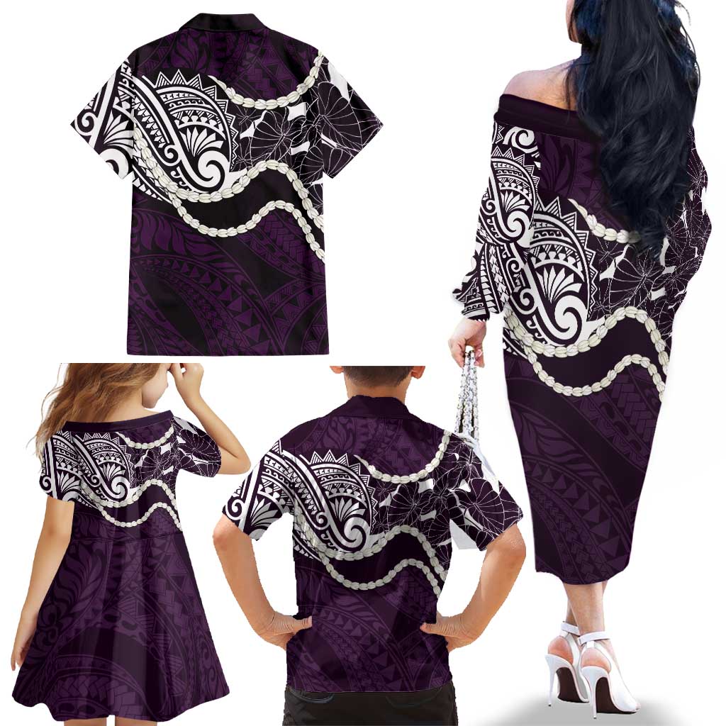Aloha Hawaii Kalo Pikake Lei Family Matching Off The Shoulder Long Sleeve Dress and Hawaiian Shirt Chest Tattoo Purple Hawaiian Pattern LT14 - Polynesian Pride