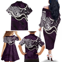 Aloha Hawaii Kalo Pikake Lei Family Matching Off The Shoulder Long Sleeve Dress and Hawaiian Shirt Chest Tattoo Purple Hawaiian Pattern LT14 - Polynesian Pride