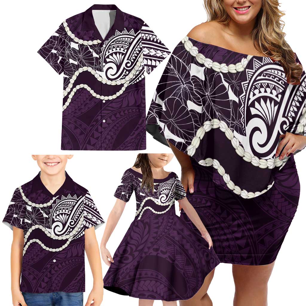 Aloha Hawaii Kalo Pikake Lei Family Matching Off Shoulder Short Dress and Hawaiian Shirt Chest Tattoo Purple Hawaiian Pattern LT14 - Polynesian Pride